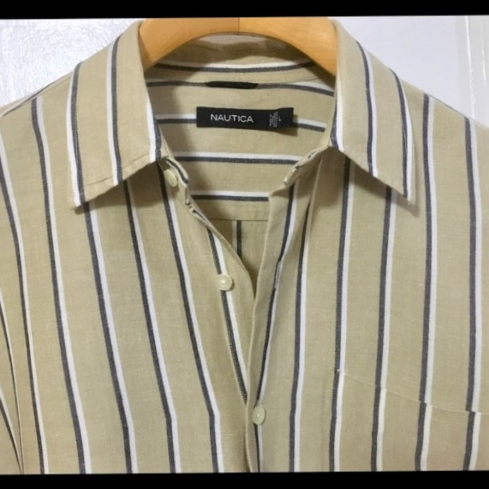 Nautica Linen Blend Striped Camel Tan Shirt Large